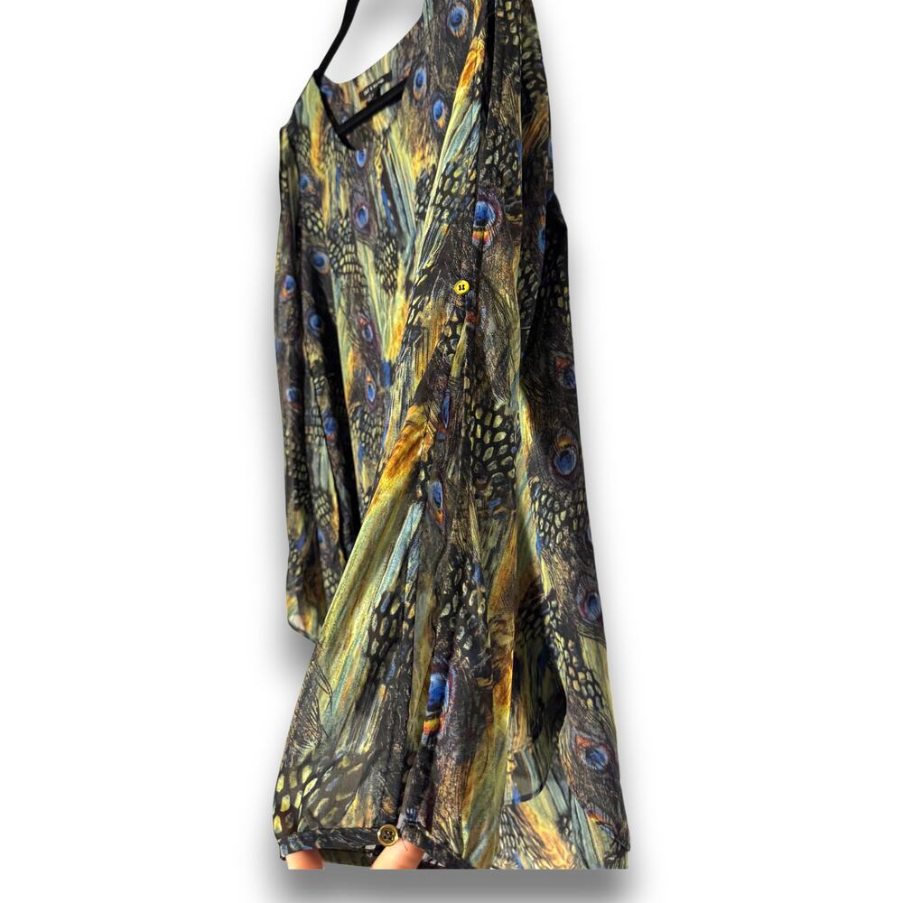 Zac and Rachel Women Medium Peacock Feather Print Sheer Layered Blouse Blue Gold - Picture 2 of 8